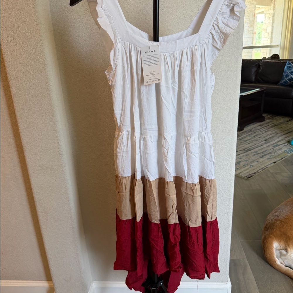 Kirundo Tiered Colorblock Midi Dress — White, Tan & Red XS